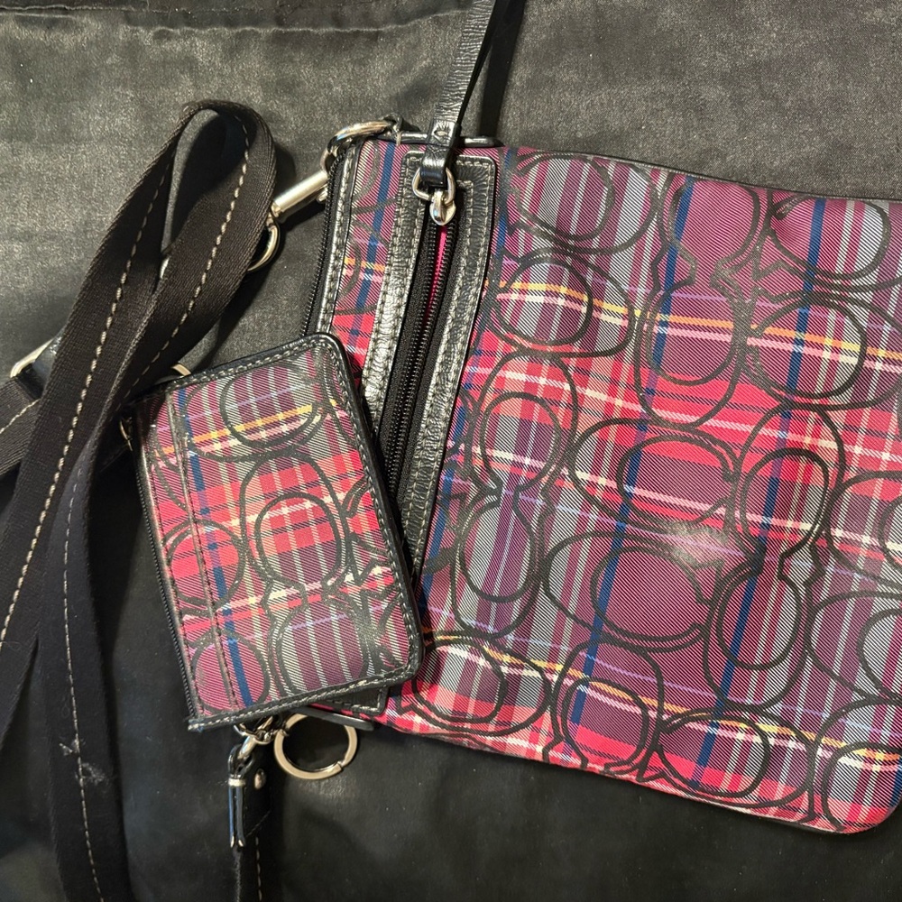 Coach Red and Pink Plaid Crossbody Bag Set